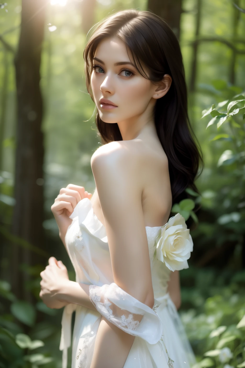 (realistic), (surrealism),best quality, masterpiece,ultra high resolution, (photorealistic:1.4),1 woman,pale skin,thin,(looking at viewer), forest, flowers, sunlight,
(tattered) wedding dress , bare shoulders, upper body,