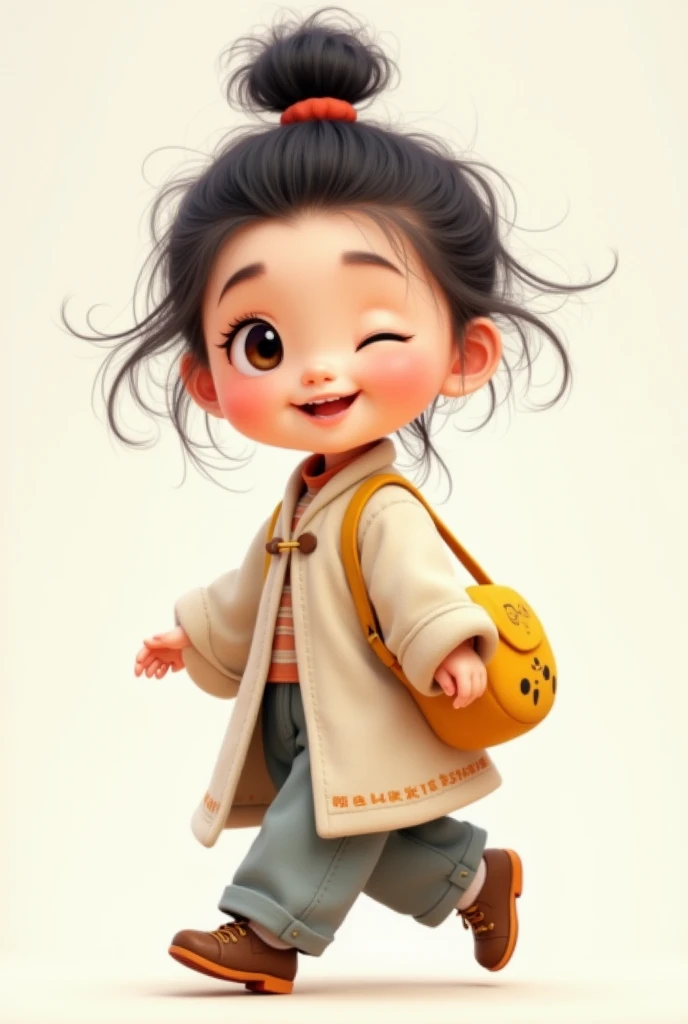 A cute 3 year old Chinese girl with a big head and a small body, her hair is fluffy and messy tied in a pill head, big eyes, one eye blinking, doe mouth, playful and cute, wearing a long cotton and linen embroidered shaft, a pair of grey cotton and linen straight legged pants, a yellow shoulder bag, striding forward, 3D, illustration