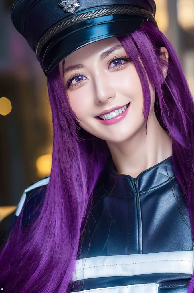 (High quality, High resolution, Fine details), Alley, Police Clothing, Police Hats, solo, curvy adult women, purple hair, sparkling eyes, (Detailed eyes:1.2), smile, blush, Sweat, Oily skin, Soft tones, shallow depth of field