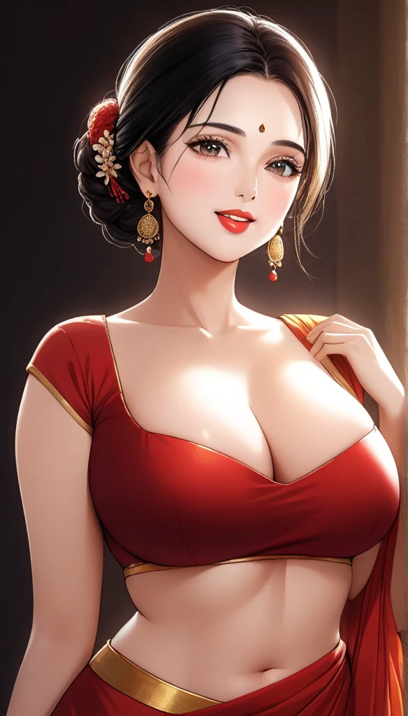 a mature woman wearing a saree, big long jhumka earrings, beautiful detailed eyes, smooth detailed lips, beautiful face, smiling, wearing red lipstick, single hair braid, showing navel, wearing bangles, saggy breasts, (best quality,4k,8k,highres,masterpiece:1.2),ultra-detailed,(realistic,photorealistic,photo-realistic:1.37),portrait,cinematic lighting,highly detailed,vibrant colors,warm tones