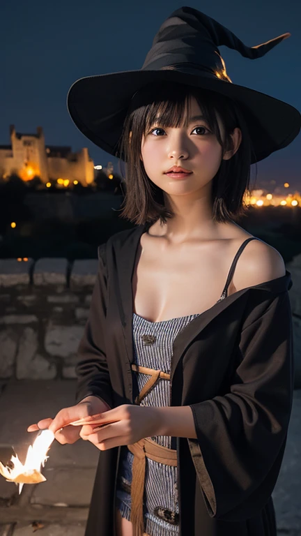 shoot from front,1young girl,15yr,look at a viewer,shorthair with bangs,((wizard clothes with witch hat)),open clothes over naked,light a flame on palm,background is castle,at nighttime