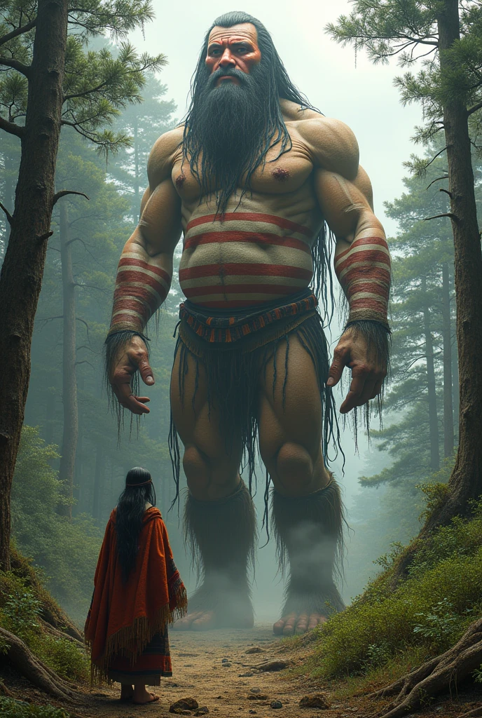 An Ona woman, of the indigenous peoples of Tierra del Fuego, Argentina, She is covered only by a cloak made of skins and in the forest she meets one of her gods, the giant Selk Nam., He is completely naked without any clothes,
They are of normal physical build, neither thin nor fat nor muscular., They have horizontal red and white stripes like a lighthouse and are the size of a building and are walking.
The giant has no beard, does not have hair, he doesn't have clothes, He doesn't have a bulging belly, He has no muscles.
The giant IS WALKING moving his body. He does not have a beard