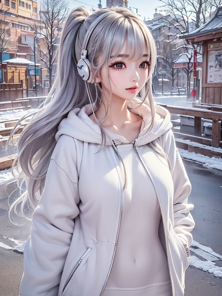 ((cute girl, face, style of painting)).(Upper body portrait:1.5)((masterpiece:1.5))((alone、Huge headphones:1.5、A woman wearing a large duffle coat、Shorts、コートでShortsが隠れる、Put your hands in your pockets、Detailed face、Big Eyes、Bright expression、Big beautiful breasts、Best Looks、Ultimate beauty、Shiny silver hair with highlights、明るい and shiny hair,、Modern Hairstyles、Hair dancing in the wind))(morning、Countryside Winter、Abandoned station platform)Please look away from here、Beautiful profile