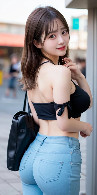 Tabletop, Highest quality, shape, Very detailed, In detail, High resolution, 8k wallpaper, Perfect dynamic composition, Beautiful details, Natural color lip, Random  poses,smile,Aoyama Street Walk、20-year-old girl、Light blue tight top、、、Tight pants、One girl, High resolution, Anatomically correct, Highest quality, 