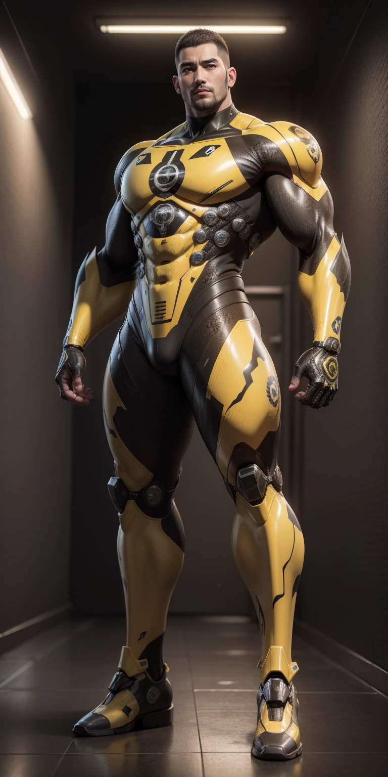 Tall giant muscular police officer,Buzz Cut,Very long legs,Yellow and black camouflage patterned nano mecha,Honeycomb pattern,Lightweight texture,Character Concept(Resident Evil - Chris Redfield,Chris Redfield)senior police officer,Small grid texture,Regular symmetrical texture pattern,Sad expression,Deep and charming eyes,Standing in a bright mechanical laboratory,Emerald Eyes Hero,Heroic male pose,高大Burly,muscular!Attractive leg muscles,High target, Burly, Heqiang, Super Buff and Coolness, High Resolution Committee, Bigfoot yellow-gray ultra-thin nano-mechanical boots,Charismatic strongman,The bright sunshine shines on you,Matte particles,Shiny texture