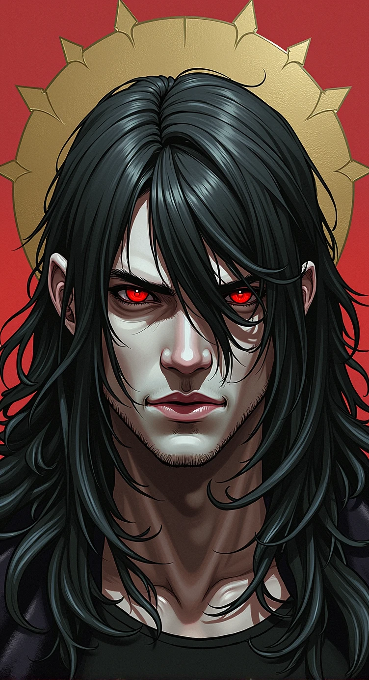 Digital illustration featuring a male figure with long, flowing black hair that partially covers his face. The subject has pale skin and intense, piercing crimson red eyes that are slightly obscured by his hair. He has a stern expression with a defined jaw and a short beard. The background is a solid red with a gold halo-like design behind the subject's head, adding a sense of divinity or importance. The overall style is dark and moody, with high contrast and detailed shading, giving the image a dramatic and intense atmosphere.