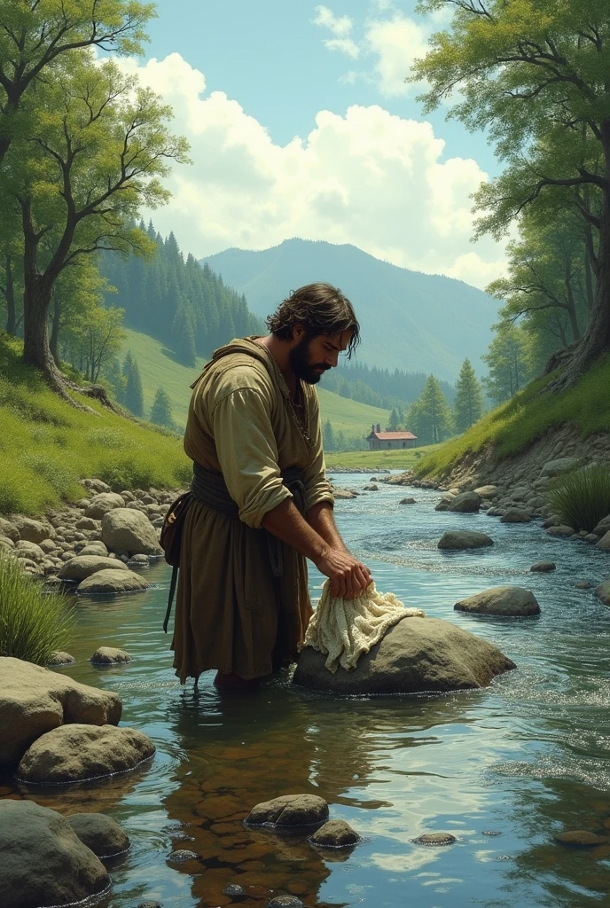 When ancient medieval person washing clothes in the river