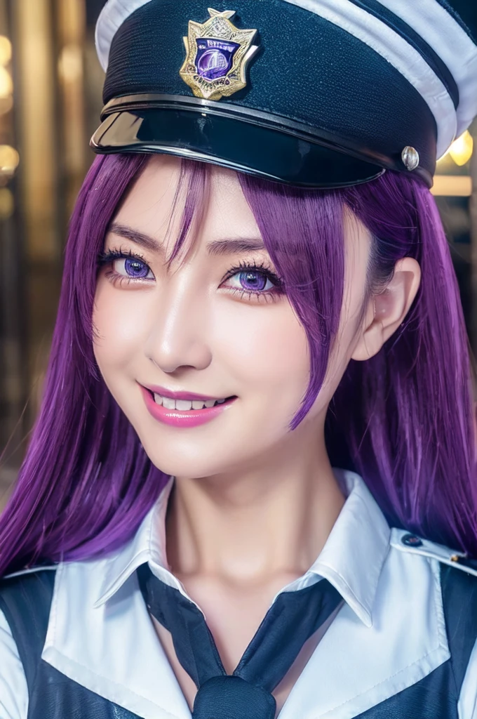 (High quality, High resolution, Fine details), Alley, Police Clothing, Police Hats, solo, curvy adult women, purple hair, sparkling eyes, (Detailed eyes:1.2), smile, blush, Sweat, Oily skin, Soft tones, shallow depth of field