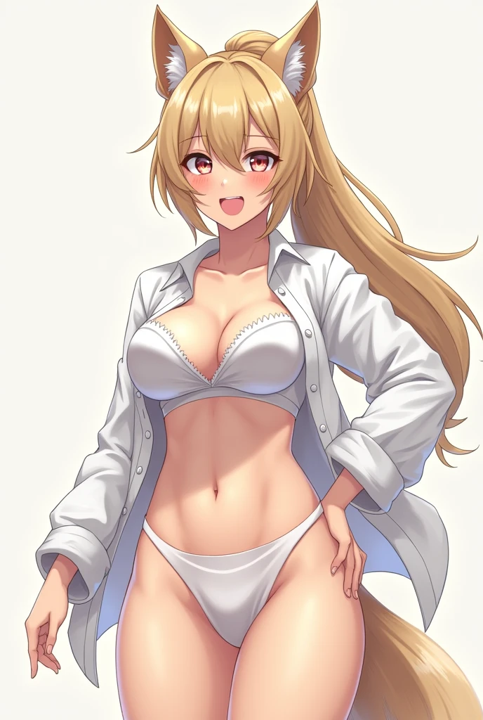 (masterpiece), ((best quality)), (super detailed), (beautiful eyes beautiful details eyes, Clean and delicate face), (whole body, standing), Furry, solo, blonde pony tail, slick back, smile, white dress shirt over , abs, medium breasushes 1.5), blushes a lot, steam, sweating, orgasm, wolf wolf fangs, fur, furry body, anthro wolf girl, white underwear, open shirt, navel, thigh, clavicle, thighhigh, simple background