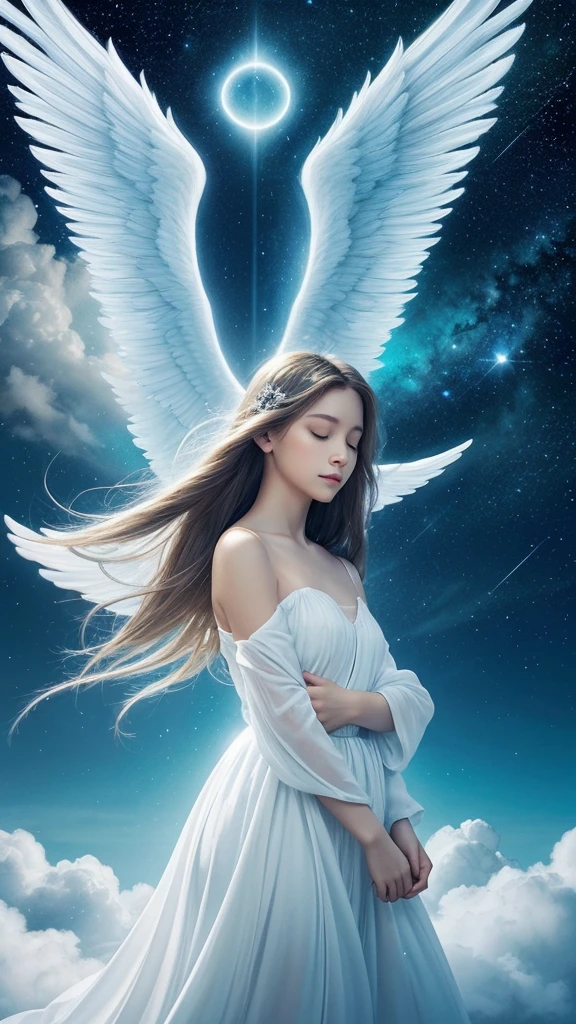 Design a mystical and serene cover featuring a guardian angel with soft glowing wings, surrounded by ethereal light. Include elements like clouds and stars to enhance the celestial theme. The title 'Guardian Angels AUDIOBOOK' should be prominently displayed in an elegant, readable font, with a calming color palette of blues and whites."
