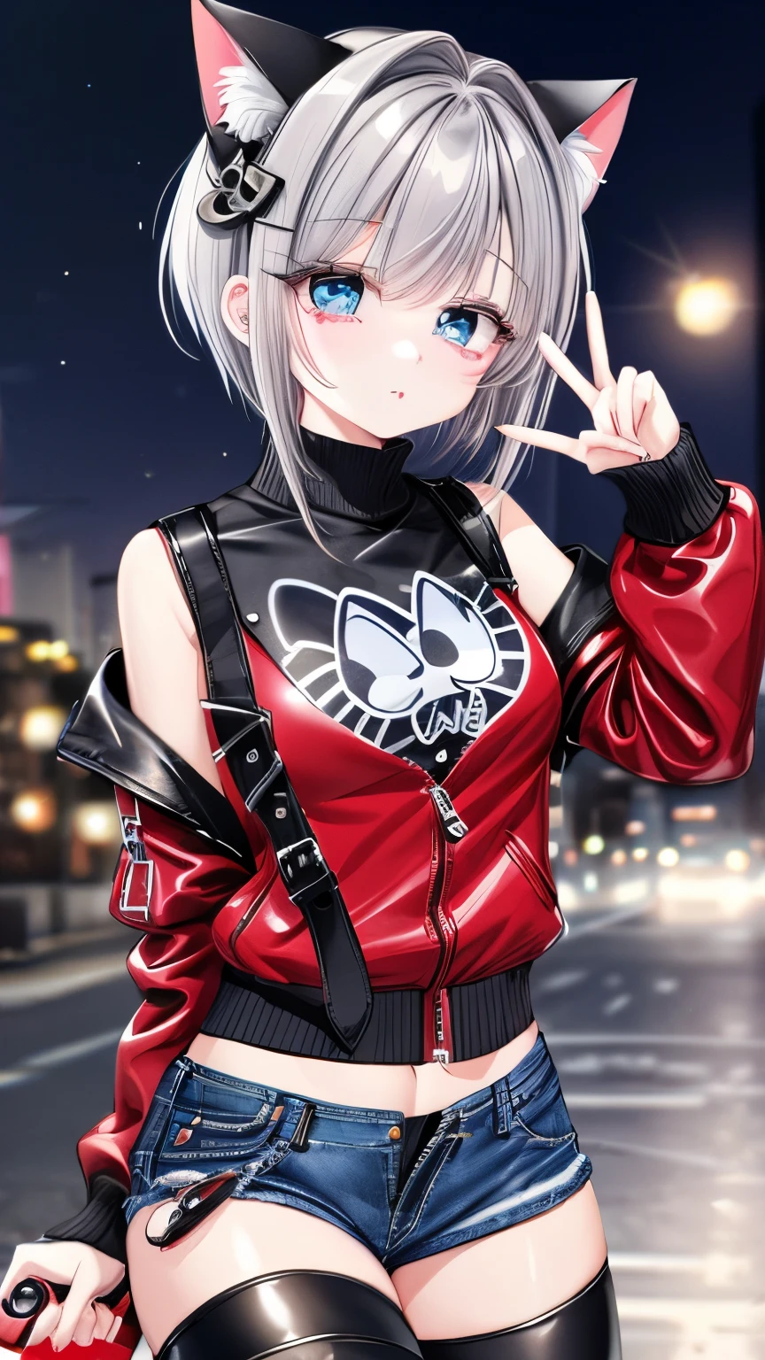 (masterpiece), (best quality), (High quality), expressive eyes, perfect face, 1girl, (grey cat ears), (medium hair, grey hair, pixie cut), (big eyes, perfect eyes, blue eyes, thick eyelashes, thin eyebrow), (short height), slim bulid, happy expression, (medium breasts), ((red short tank top, cat print), (black leather jacket, long sleeves, unziped), (jeans short pants, ziped), black long boots, (black over-the-knee socks)), (standing), peace symbol, one hand on own hip, city streets, [night], (stars), looking at the viewer,more_details:-1, more_details:0, more_details:0.5, more_details:1, more_details:1.5,