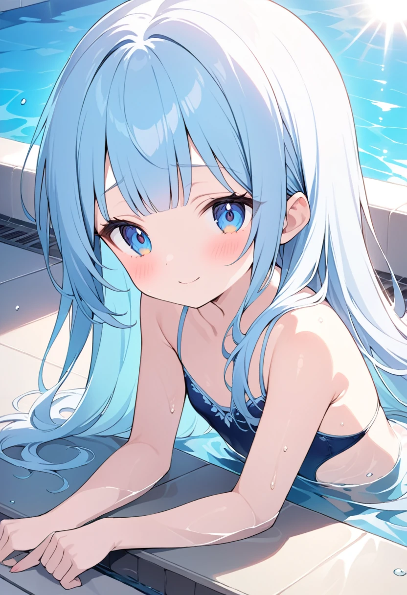 masterpiece, best quality, extremely detailed, (illustration, official art:1.1), 1 girl ,(((( light blue long hair)))), ,(((( light blue long hair)))),light blue hair, , long hair ((blush)) , cute face, big eyes, masterpiece, best quality,(((((a very delicate and beautiful girl))))),Amazing,beautiful detailed eyes,blunt bangs((((little delicate girl)))),tareme(true beautiful:1.2), sense of depth,dynamic angle,,,, affectionate smile, (true beautiful:1.2),,(tiny 1girl model:1.2),)(flat chest),shy，In a pool，There was a  lying on her stomach on a swimming ring。The water in the pool is crystal clear， wearing a navy colored swimsuit，Sitting intently in the water。Her face showed a look of happiness and contentment，The surroundings are filled with laughter and laughter。The sun shone on her through the surface of the pool，The whole picture is full of relaxed and carefree atmosphere。