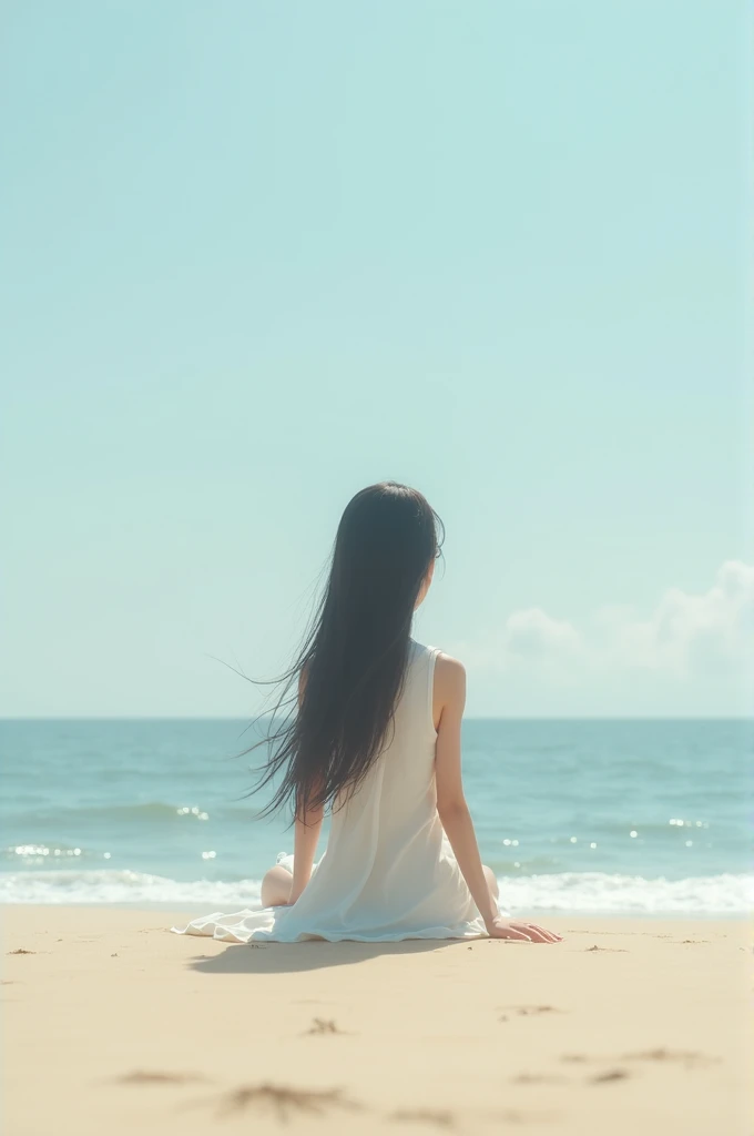 A girl sitting in the beach her back pose is visible 