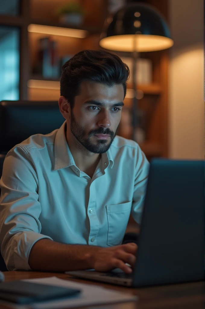 a a 35 yo man from United Arab Emirates in modern, siting in her office, using her computer, macbook comuter (best quality,4k,8k,highres,masterpiece:1.2),ultra-detailed,(photo-realistic:1.),HDR,extremely detailed face and body, portrait,cinematic lighting,soft lighting, not professional photo