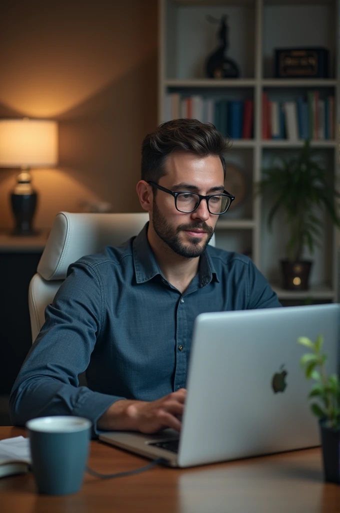 a a 35 yo man from United Arab Emirates in modern, siting in her office, using her computer, macbook comuter (best quality,4k,8k,highres,masterpiece:1.2),ultra-detailed,(photo-realistic:1.),HDR,extremely detailed face and body, portrait,cinematic lighting,soft lighting, not professional photo