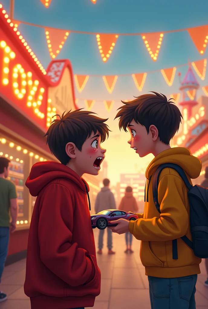 Little brother in red hoodie crying loudly for toy car infront  of a big toy shop infront of his 18 year old big brother in yellow hoodie
In a fair
