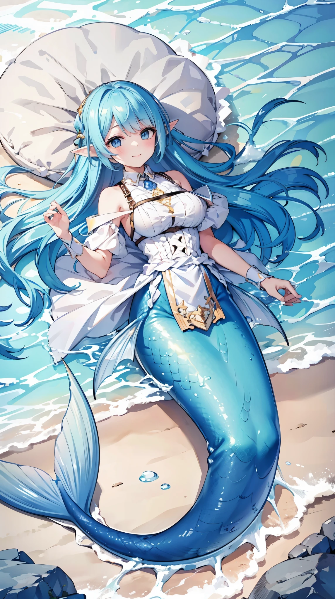 masterpiece, best quality,A girl,Blue Hair,White Dress,Ahog,blue eyes, Elf ears,Solitary,Large Breasts,Mermaid,蓝色的Mermaid尾巴,full-body shot,(In the water:1.2),charming face(Kawaii, charming,Soft),Looking at the audience,Smile,Lying on the beach