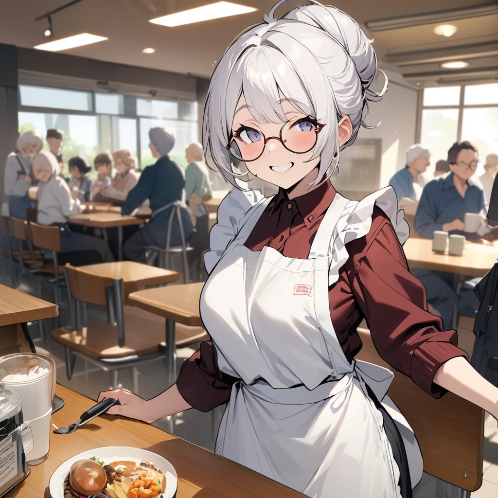 Top quality, masterpiece, high resolution, 80-year-old grandma, round glasses, apron, white hair in a bun, student cafeteria, smile