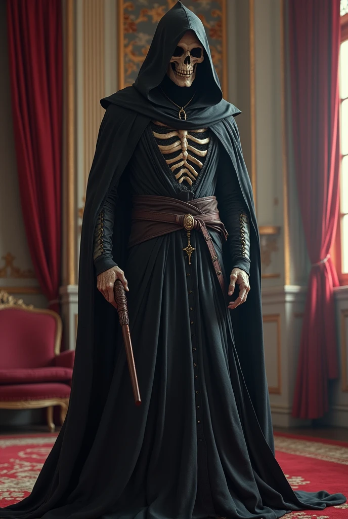 The fusion of the strongest Grim Reaper and a beautiful girl、Looking at the camera is prohibited、Realistic texture、High-detail images、Palace interior background