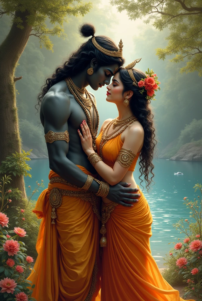 God krishna and goddess radha they are hugging each other