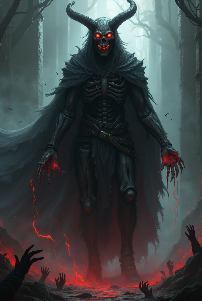 A bald vampire who has pale skin, a bare torso, torn black shorts, his hands are covered with red gloves that look like tree bark, have three fingers with metal claws at the ends, a vampire stands against the backdrop of snow-capped mountains