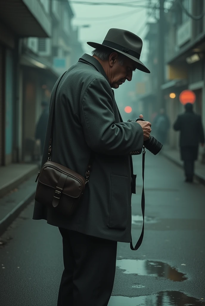 A drooping photographer in a grey suit.