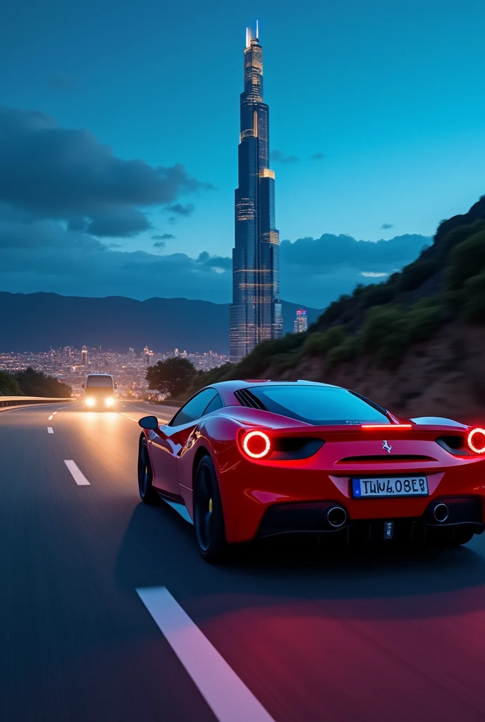 (Best quality, 8k, Masterpiece :1.2), hyper realistic, at a mountain, an detailed red Ferrari 488, Speeding on the highway, (Facing the audience), The blue skyscraper in the background, at night, Essa imagem com o carro  voltado para frente pegando a lateral também.