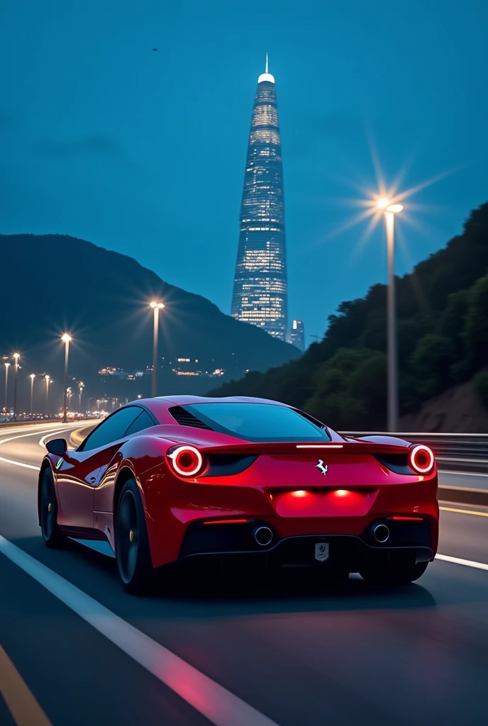 (Best quality, 8k, Masterpiece :1.2), hyper realistic, at a mountain, an detailed red Ferrari 488, Speeding on the highway, (Facing the audience), The blue skyscraper in the background, at night, Essa imagem com o carro voltado para frente pegando a lateral também.