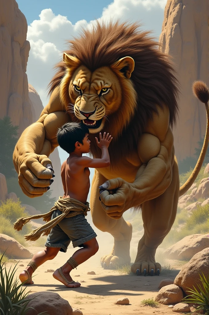 A young boy is fighting with lion