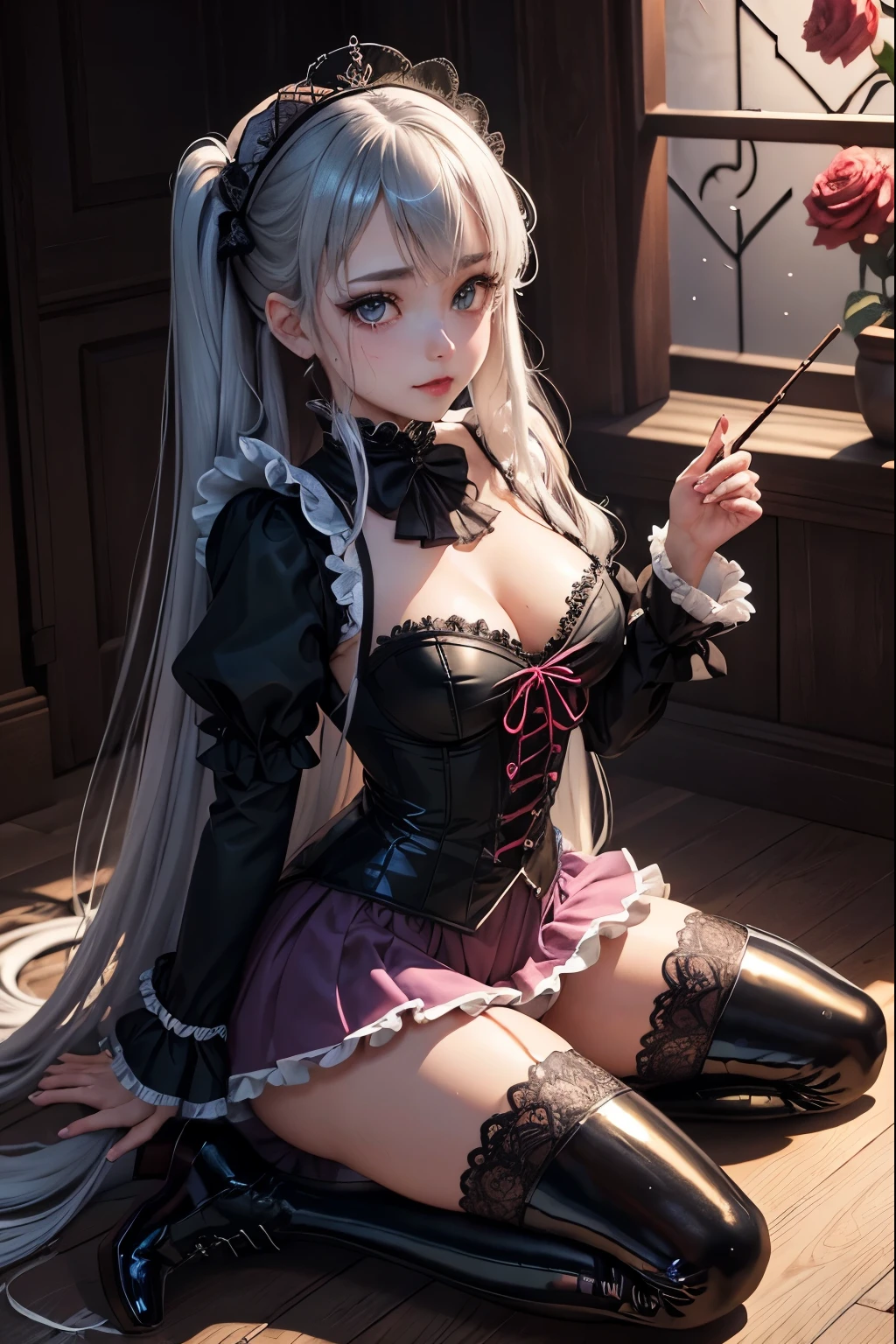 ハードDark Gothicメイク、My Sanity、Deep Night Sky、Horror、Dark black eyeshadow、cry、Sad、Good skin glow、Dark Gothicメイク、Dark smile、Restless Palace、The beauty of fragrance、22 years ago、lure、Expressions of intense sexual pleasure、Embarrassed look、Dark Gothic、Lewd expression、Flying debris、Highest quality、View 5 books、Expression of sexual pleasure amid suffering、Drunk face、Purple maid outfit、mysterious、Noble、The face of someone who is holding in the toilet、Super sexy、Loving smile、Twin tail hair、Jet black frill skirt、Right eye is blue、Left eye is red、Gothic vogue bed covered in roses、Super seductive pose、Stick your butt out、Platform heel shoes、Heavy makeup、Black lipstick、Stained glass、Black metal world、Spread your legs wide、Make the world beautiful、Sitting on a bed of roses、Gothic ta Clothing、Combed hair、A little slim、Silver Hair、Long Hair Straight Hair、Cute Gothic Loliress、Beautiful Face、Elegant face、Alluring face、Knee-high socks、Stained glassが背景、My chest is shiny with a lot of sweat.、The room is dark、goth long dress、Bell Sleeves、Wizard Sleeve、Decadent look、Sexually excited expression、A piece of hair、Popularity、ゴシックPopularity、Wet and shiny thighs、Oily and shiny thighs、Background of a room full of roses、Sad look、Rose Maiden、The embroidery is pink、The costume has pink embroidery、Thigh-high socks、Kneel、Place your knees on the floor、Knee-high socks、Her thighs are shiny with lots of sweat.、Kneel、My body is wet and shiny、Lots of glitter on the thighs、sweating、Excessive sweating and sticky thighs、Sweat glistens on my thighs、My whole body is sweaty and shiny、I'm sweating a lot、My thighs are sweaty、My thighs are so wet、I sweat a lot and my thighs are shiny.、A lot of sweat is shining all over my body、I'm spreading my legs wide、Slender body、Gentle expression、Dark black eyeshadow、despicable act、Stained glassとバラの背景、thighs are a little thin、duo、Female couple、I have lesbian friends、Standing with female friends、Hugging a girl、