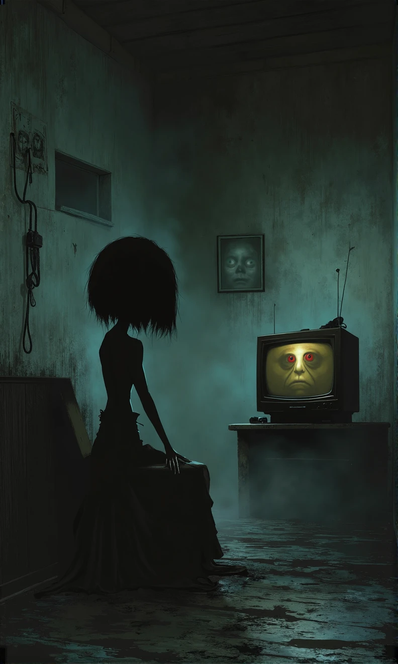 Night room, dark room, completely darkened room, tv on, dusky, grainy, eerie environment. creepypasta is a scary entity in the form of a woman with very big eyes, a very sad sad look, perfect eyes, the best quality. gritty urban street art, dark character. in the style of frank frazetta, aykut aydogdu, pino daeni, charlie bowett, albert joseph penaud, ray caesar, tetsuya ishida. zdzislaw beksinski.