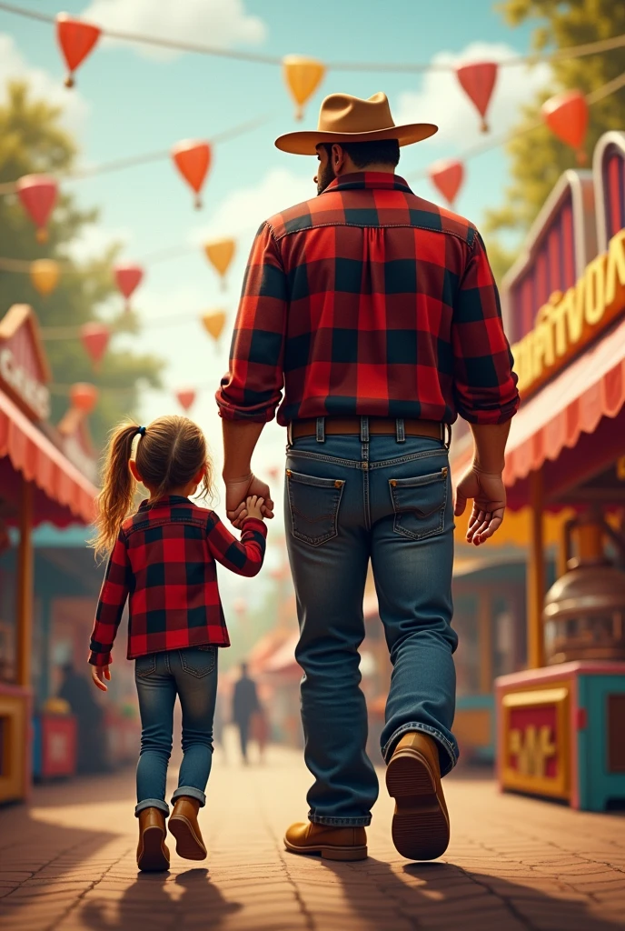 Big strong father in lumberjack look with his -year-daugh shown from behind in the amusement park