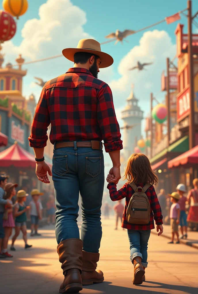 Big strong father in lumberjack look with his eight-year-old daughter shown from behind in the amusement park