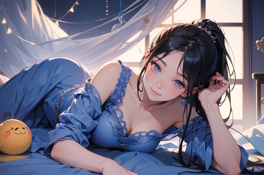 One beautiful girl、blue nightgown、Black Hair、High ponytail、Crying Mole、Mischievous Smile、Lying on your back、Beautiful breasts、dusk、super high quality、Highest quality、Masterpiece、Proper body structure、High angle