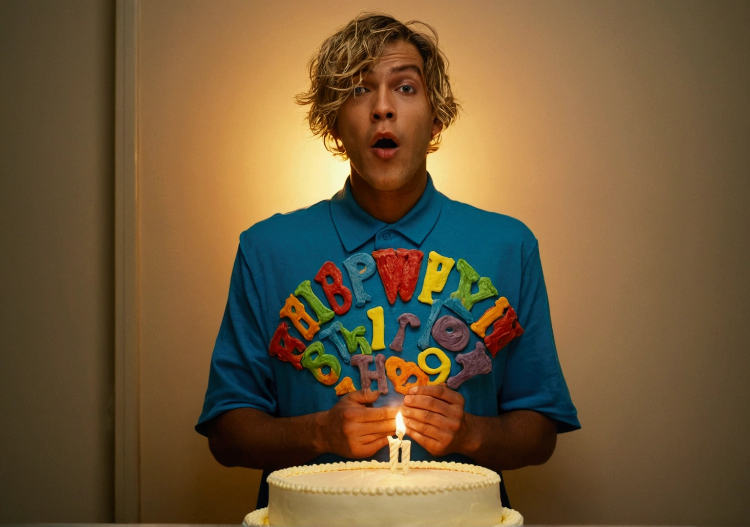 He has a 27th birthday cake in his hand and is blowing out the candles on the cake