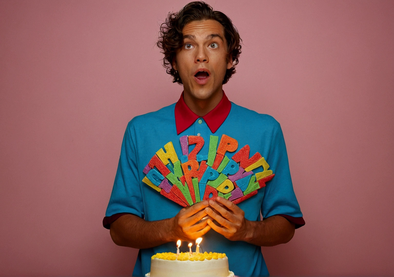 He has a 27th birthday cake in his hand and is blowing out the candles on the cake