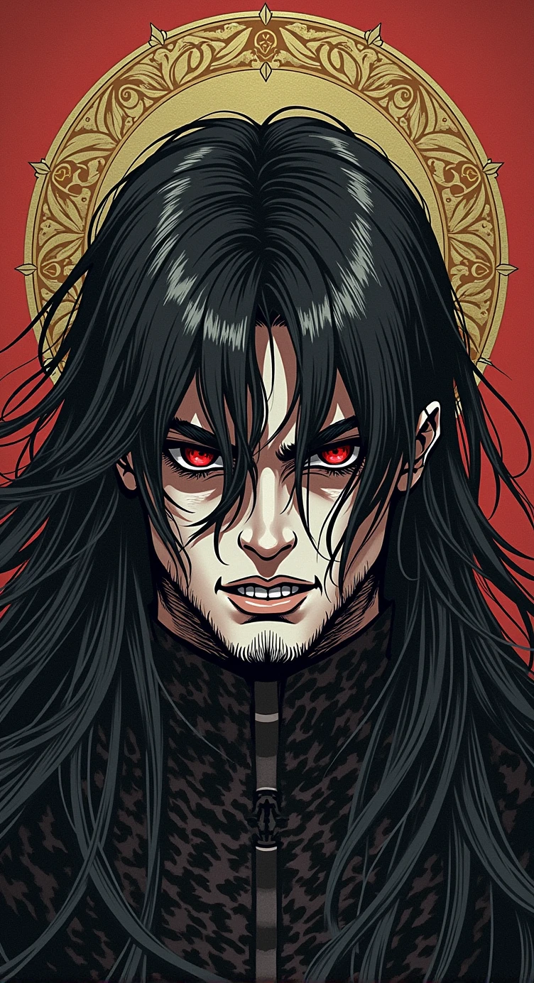Digital illustration featuring a male figure with long, flowing black hair that partially covers his face. The subject has pale skin and intense, piercing crimson red eyes that are slightly obscured by his hair. He has a stern expression with a defined jaw and a short beard. The background is a solid red with a gold halo-like design behind the subject's head, adding a sense of divinity or importance. The overall style is dark and moody, with high contrast and detailed shading, giving the image a dramatic and intense atmosphere.