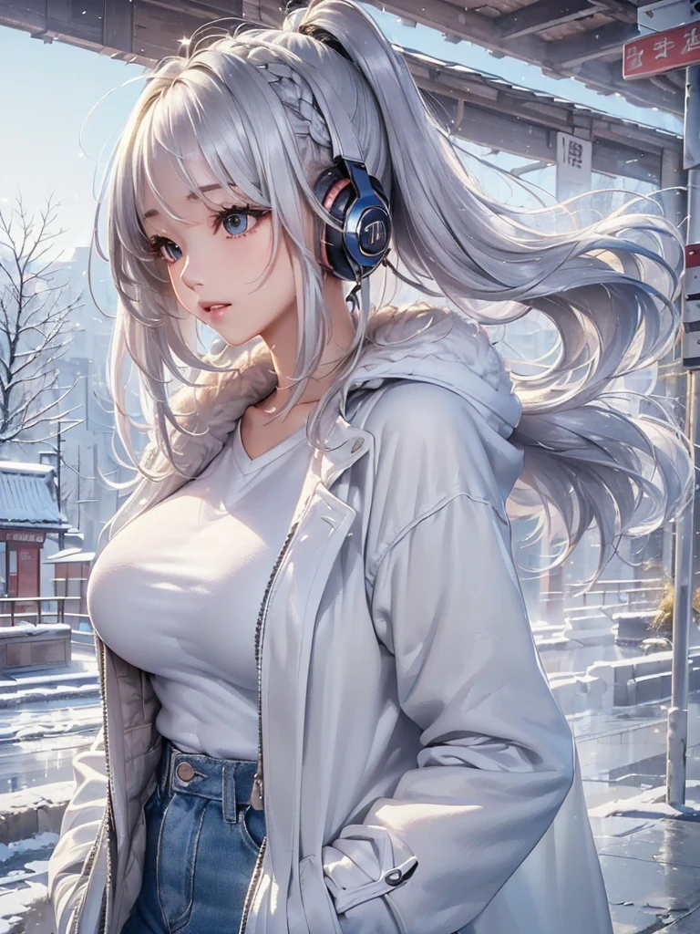 ((cute girl, face, style of painting)).(Upper body portrait:1.5)((masterpiece:1.5))((alone、Huge headphones:1.5、A woman wearing a large duffle coat、Shorts、コートでShortsが隠れる、Put your hands in your pockets、Detailed face、Big Eyes、Bright expression、Big beautiful breasts、Best Looks、Ultimate beauty、Shiny silver hair with highlights、明るい and shiny hair,、Modern Hairstyles、Hair dancing in the wind))(morning、Countryside Winter、Abandoned station platform)Please look away from here、Beautiful profile