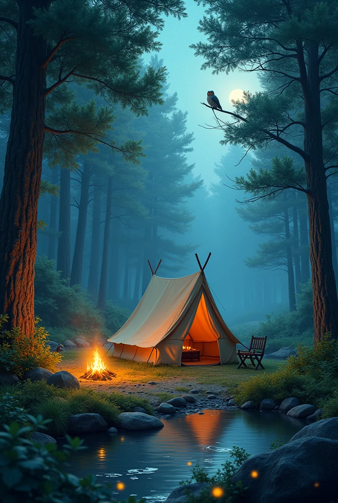 Camping in the green forest with fireflies, tent, camp fire, river and owl