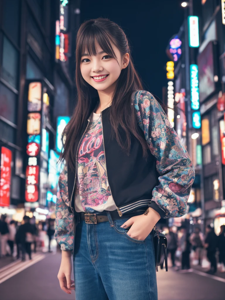 1girl, solo, highres, best_quality, masterpiece, detailed_background, intricate_details, beautiful, tokyo, shibuya, neon_lights, casual_clothes, trendy_clothes, smile, looking_at_viewer, dynamic_pose, natural_pose, candid, happy