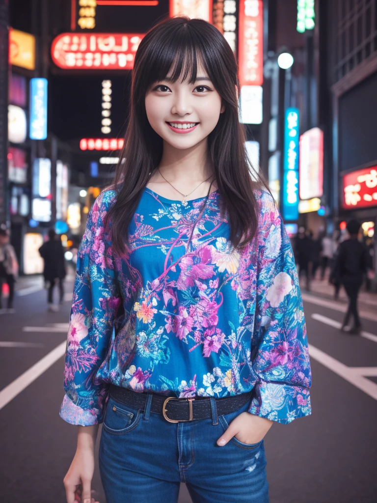 1girl, solo, highres, best_quality, masterpiece, detailed_background, intricate_details, beautiful, tokyo, shibuya, neon_lights, casual_clothes, trendy_clothes, smile, looking_at_viewer, dynamic_pose, natural_pose, candid, happy