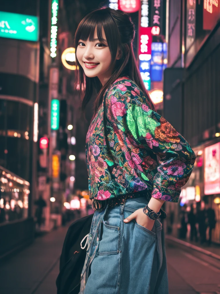 1girl, solo, highres, best_quality, masterpiece, detailed_background, intricate_details, beautiful, tokyo, shibuya, neon_lights, casual_clothes, trendy_clothes, smile, looking_at_viewer, dynamic_pose, natural_pose, candid, happy