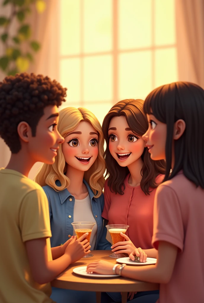 Four friends, a brown boy with short curly brown hair, a white girl with blonde hair, not too light or too dark, with long straight hair with wavy ends, a brown girl with medium brown straight hair, and a white woman with medium brown straight hair, all thin 