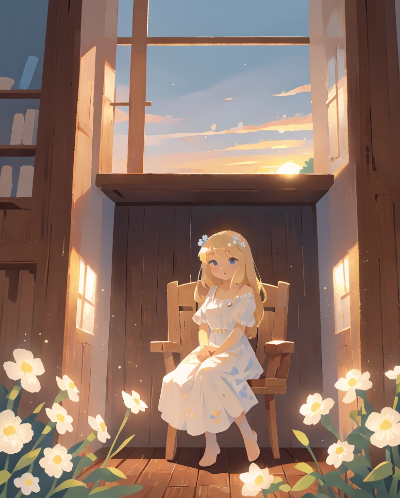 A beautiful blonde-haired girl sitting on a wooden chair,white dress with light blue flowers.A white tea cup with gold edges on a wooden table.a very large window with a sunset view in the background.