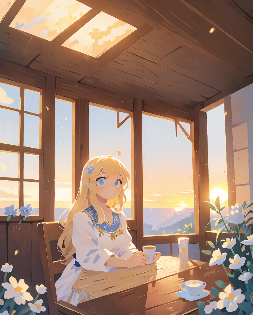 A beautiful blonde-haired girl sitting on a wooden chair,white dress with light blue flowers.A white tea cup with gold edges on a wooden table.a very large window with a sunset view in the background.