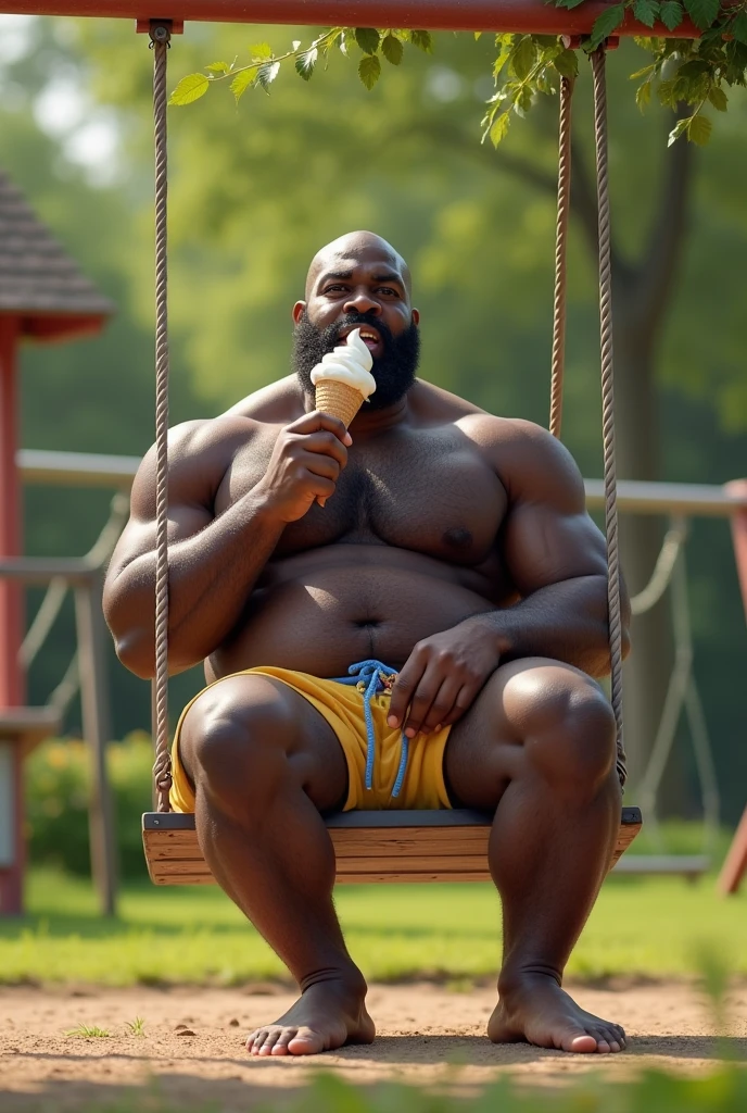 Teddy riner mange une glace sur une balançoire