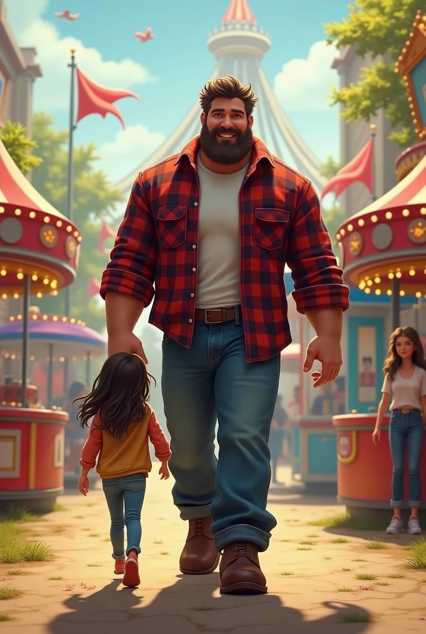 Big strong father in lumberjack look with his eight-year-old daughter, very pretty girl shown from behind in the amusement park