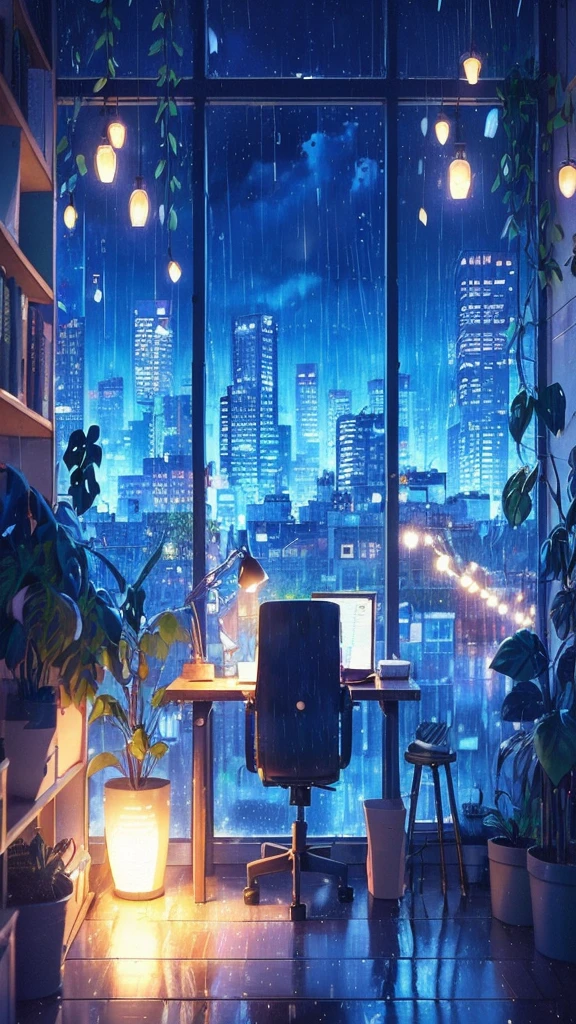 Draw an anime lofi scene of midnight work desk, raining, cityscape from window, long leaves plant pots, bokeh, chair, small lamp, dim light, book shelf, glow, vibrant saturated colors, no one, decorated, night, no human, blue cloudy sky, beautiful color palette