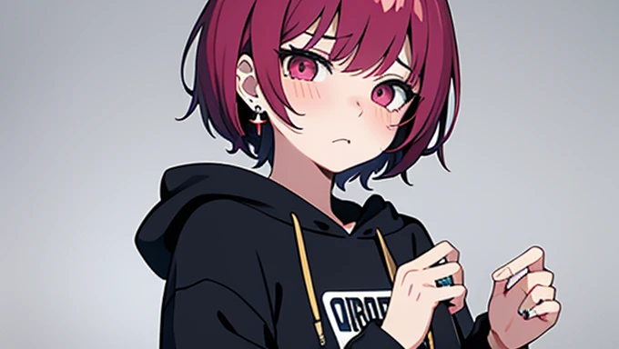 masterpiece、Highest quality、One girl、Upper Body、Fingers crossed、short hair、Mesh color hair、Wear a hoodie、Vampire wind、Sad expression、blush、Close your mouth、Stylish earrings、Ring Accessories、Spider Pattern Background