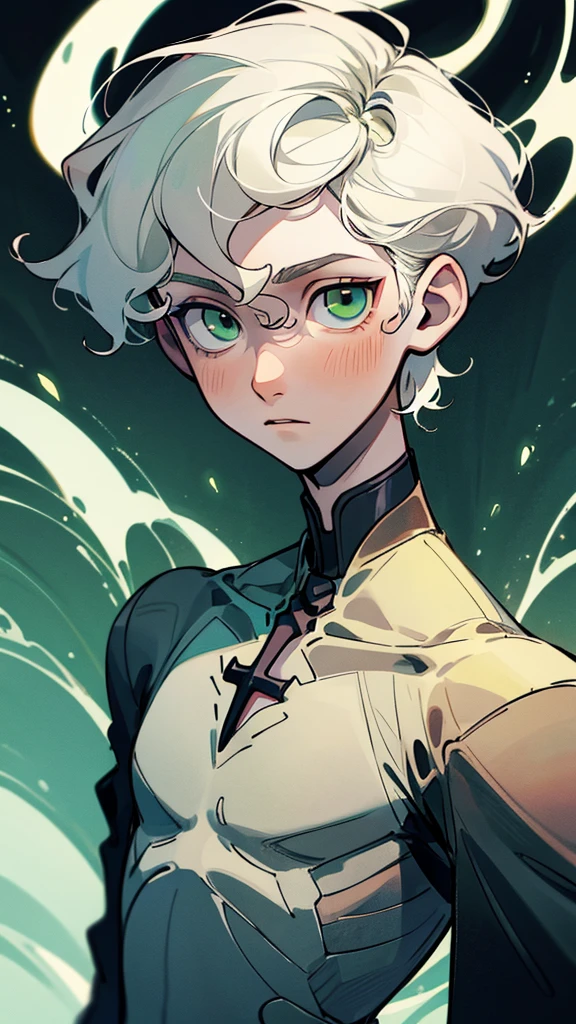 boy with pale skin, dark wavy short hair, green eyes, cross in his neck, appearing to be a young adult (mid 20s)